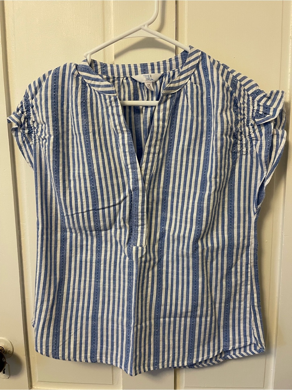 Time and Tru Blue and White Striped Split V-Neck Women’s Blouse